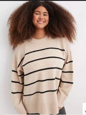 aerie Cream and Black Striped Crewneck Sweater Size Sm